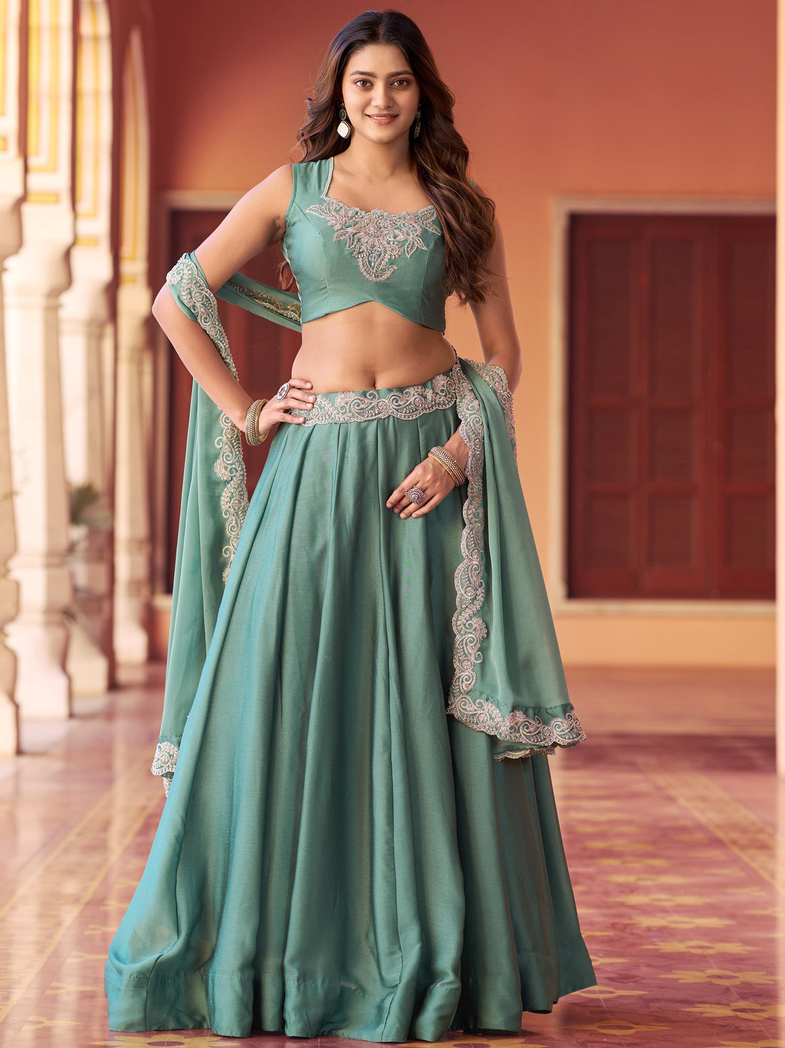 Fantastic Sea Green Sequins Work Silk Function Wear Lehenga Choli With Dupatta