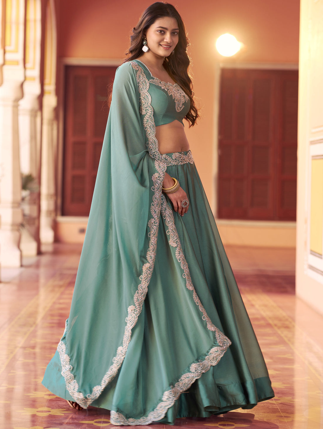 Fantastic Sea Green Sequins Work Silk Function Wear Lehenga Choli With Dupatta