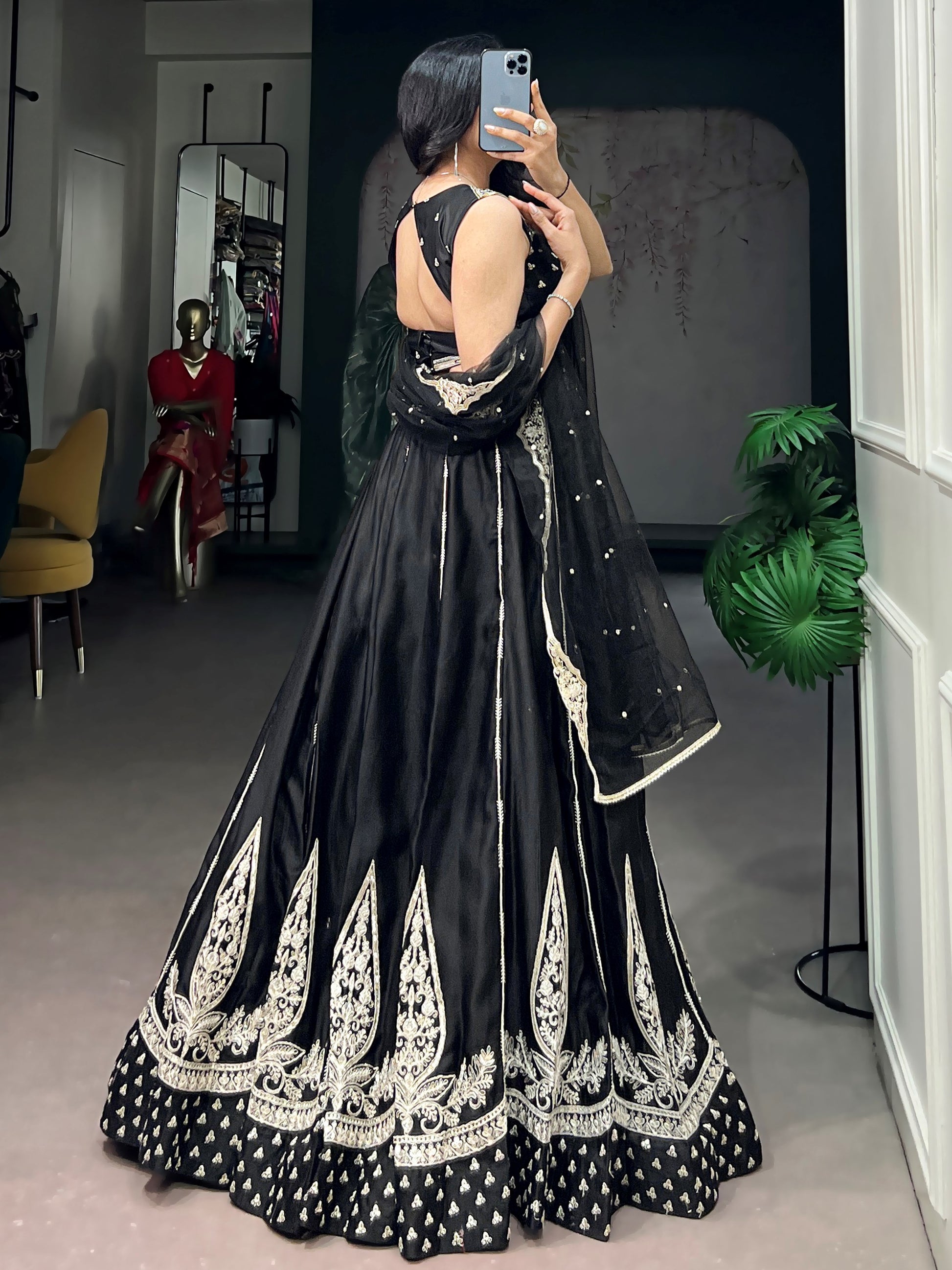 Precious Black Embroidered Silk Wedding Wear Lehenga Choli With Dupatta