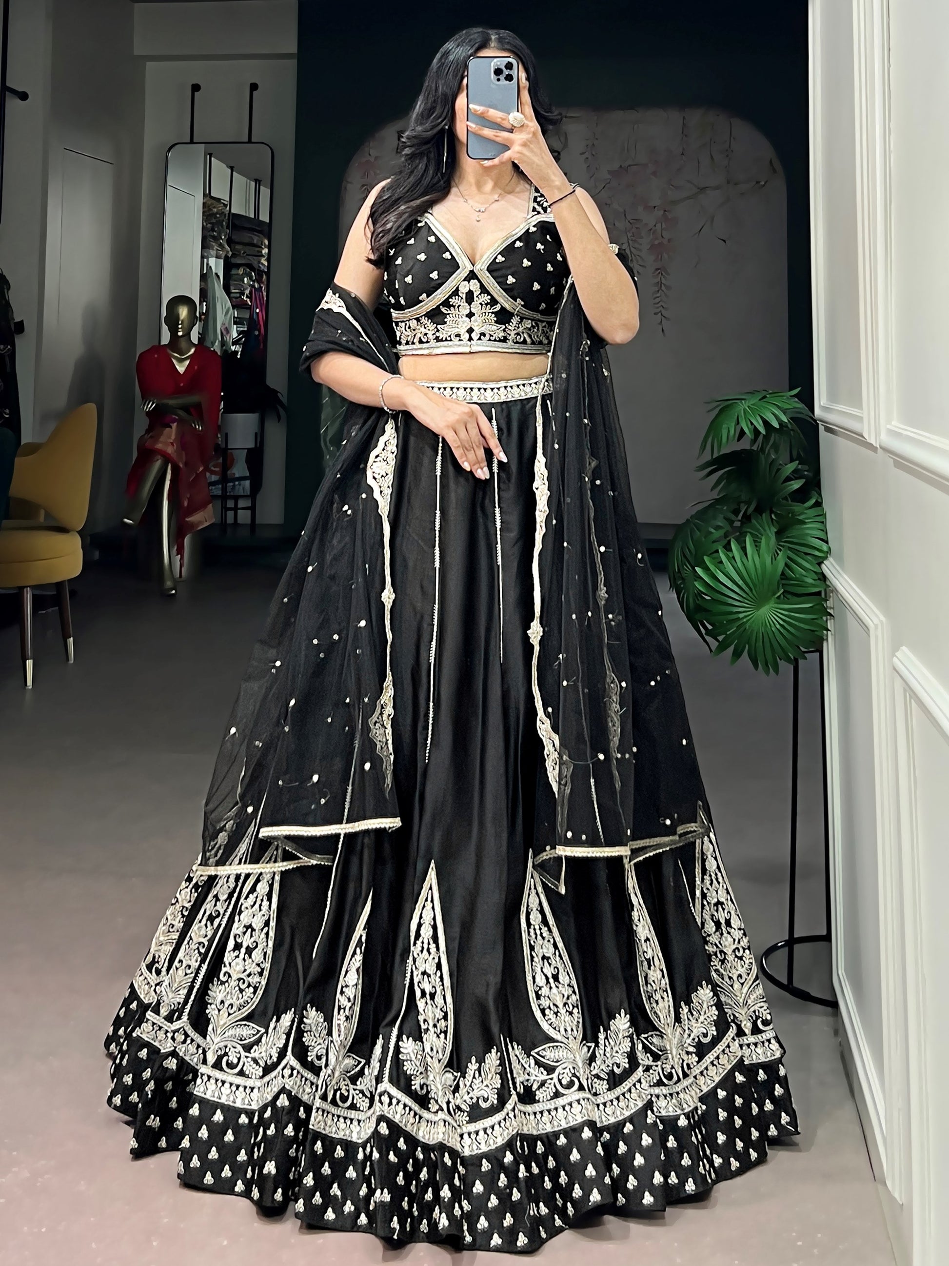 Precious Black Embroidered Silk Wedding Wear Lehenga Choli With Dupatta