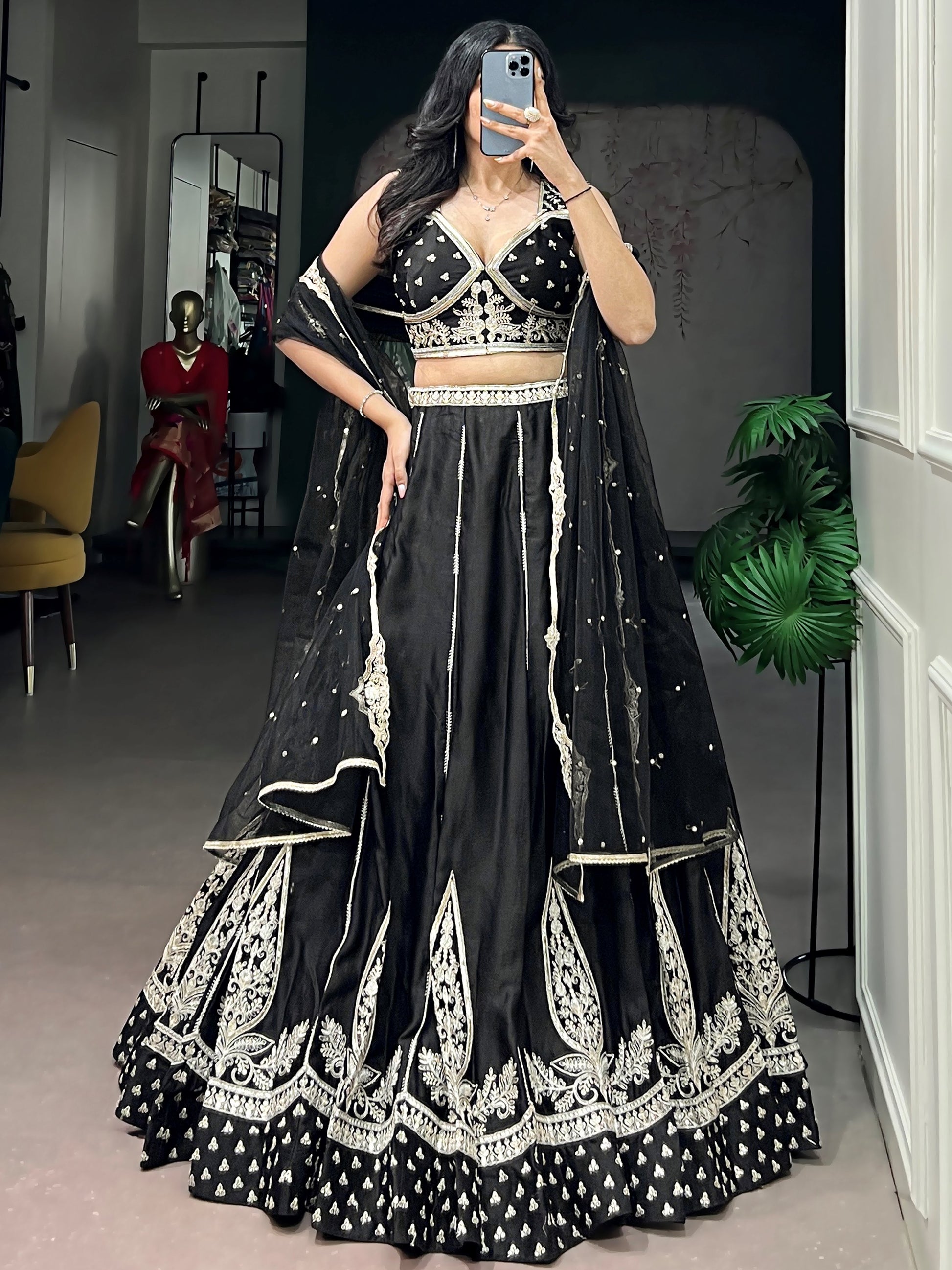 Precious Black Embroidered Silk Wedding Wear Lehenga Choli With Dupatta