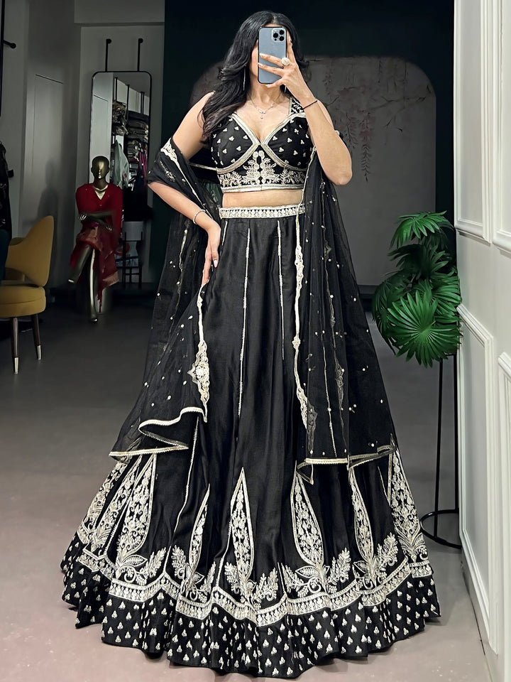 Precious Black Embroidered Silk Wedding Wear Lehenga Choli With Dupatta