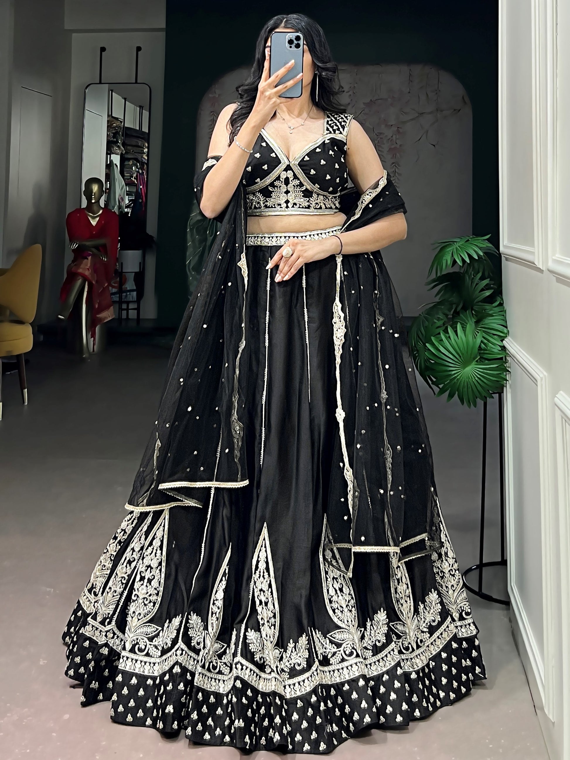 Precious Black Embroidered Silk Wedding Wear Lehenga Choli With Dupatta