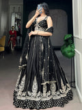 Precious Black Embroidered Silk Wedding Wear Lehenga Choli With Dupatta