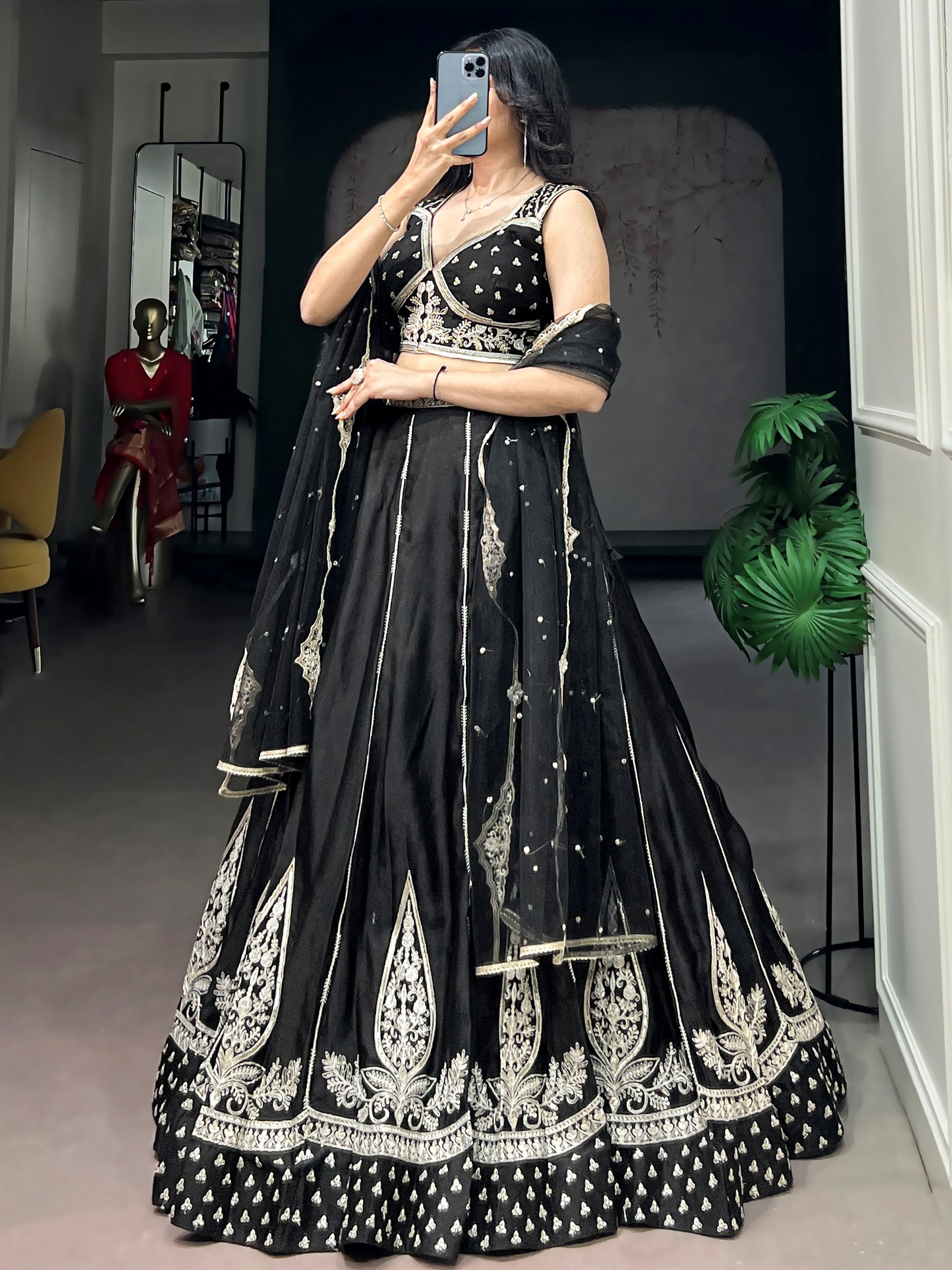 Precious Black Embroidered Silk Wedding Wear Lehenga Choli With Dupatta