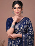 Precious  Navy Blue Floral Printed Silk Casual Wear Saree With Blouse
