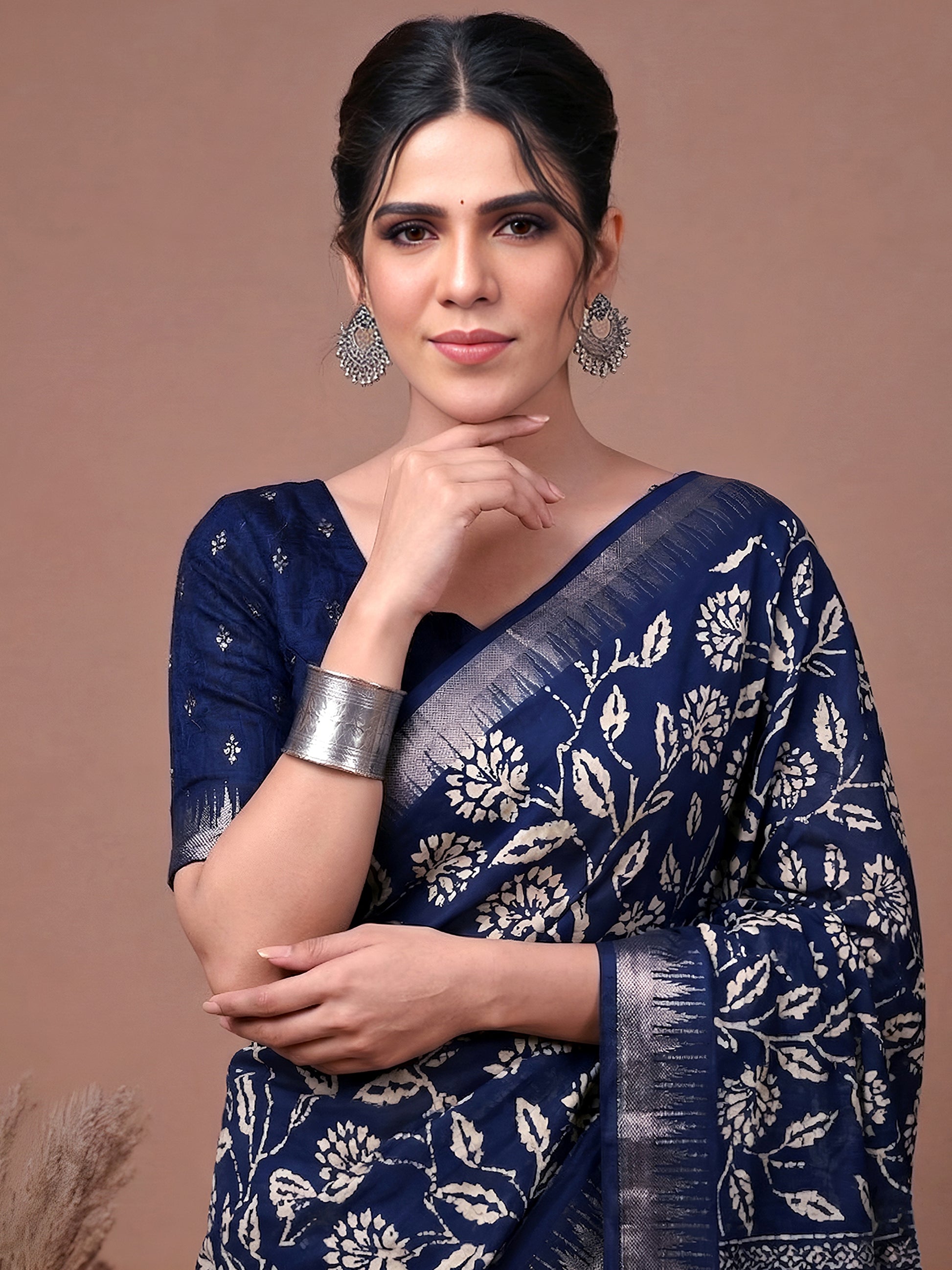 Precious  Navy Blue Floral Printed Silk Casual Wear Saree With Blouse