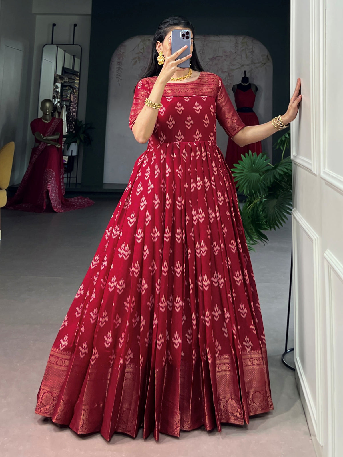 Regal Maroon Zari Woven Cotton Festive Wear Gown