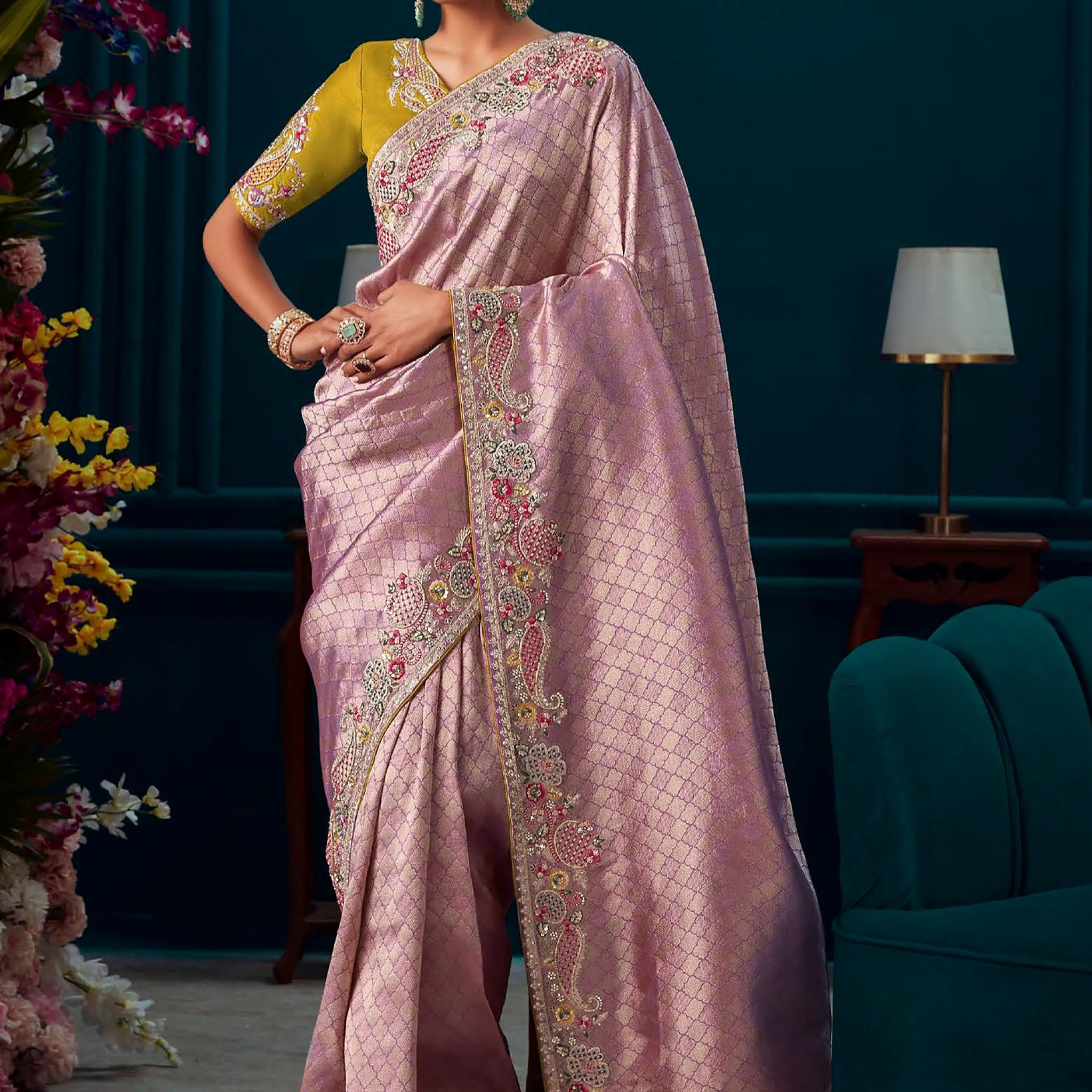 Fabulous Lavender Embroidered Kanjivaram Silk Party Wear Saree