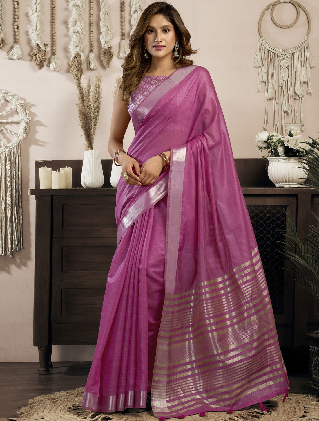 Alluring Rani Pink Zari Weaving Cotton Function Wear Saree With Blouse
