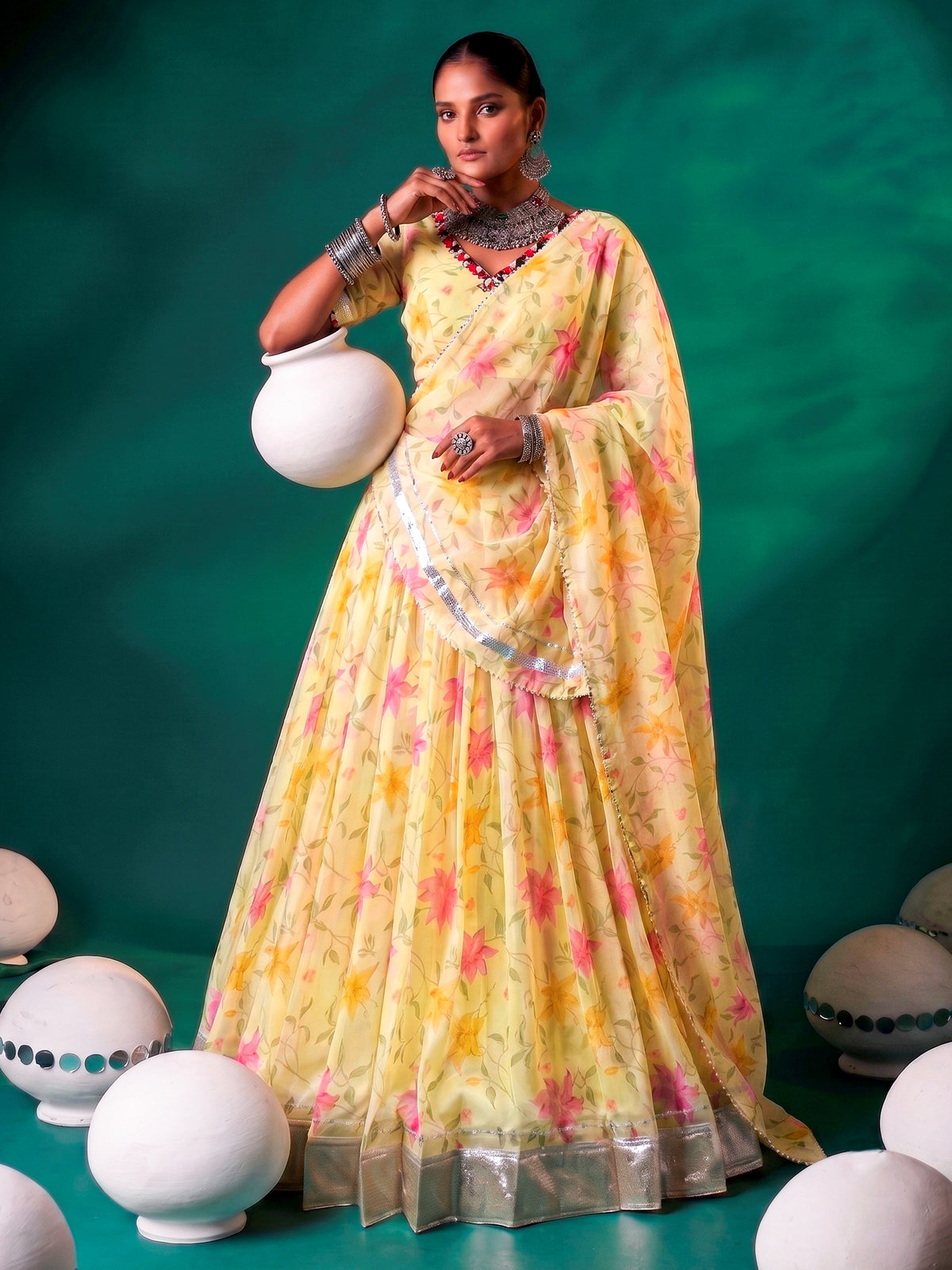 Sunny Yellow Floral Printed Silk Haldi Wear Lehenga Choli
