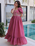 Outstanding Dusty Pink Floral Embroidery Chanderi Party Wear Dress