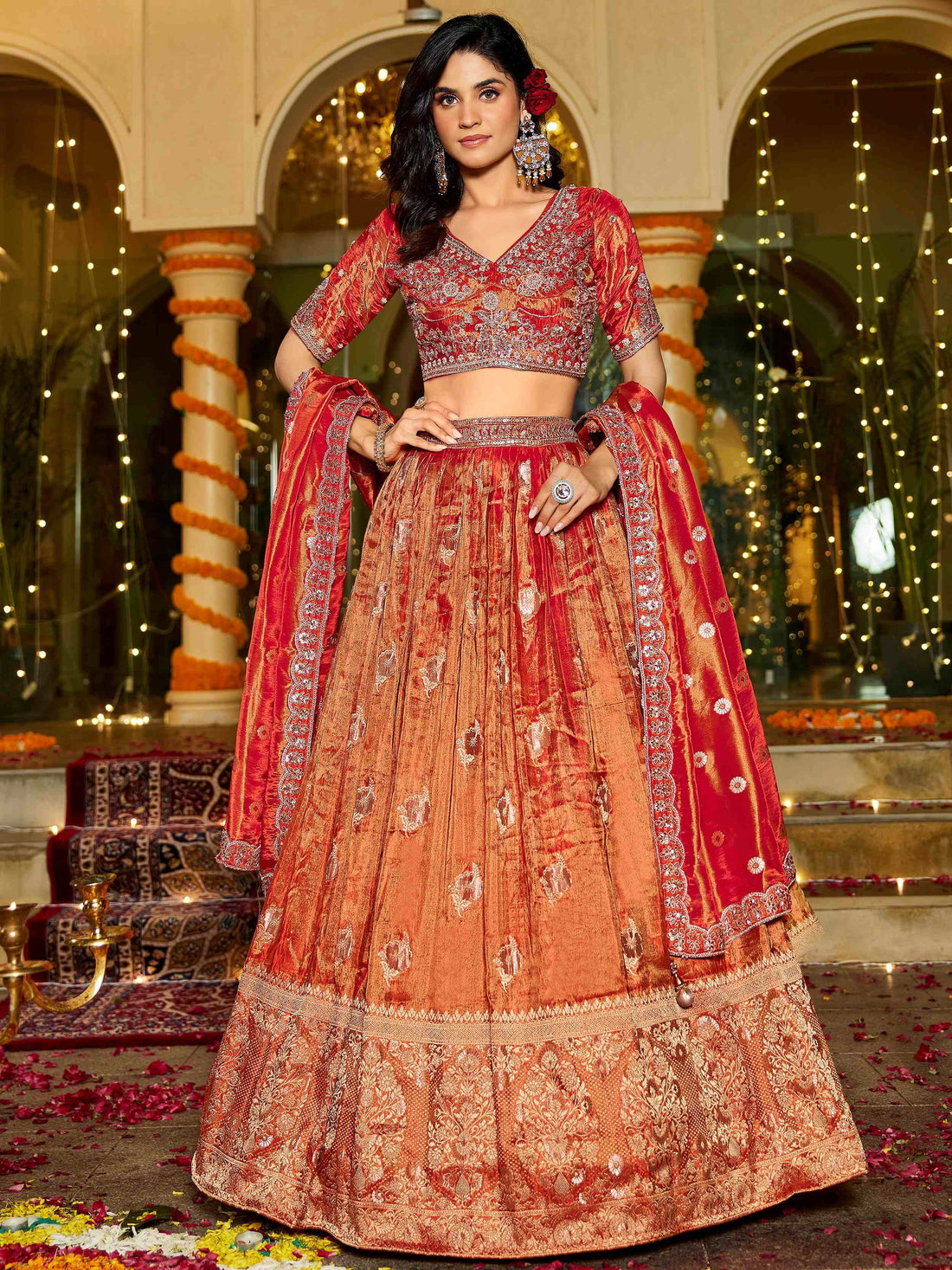 Marvelous Orange Zari Weaving Tissue Bridesmaid Lehenga Choli With Dupatta