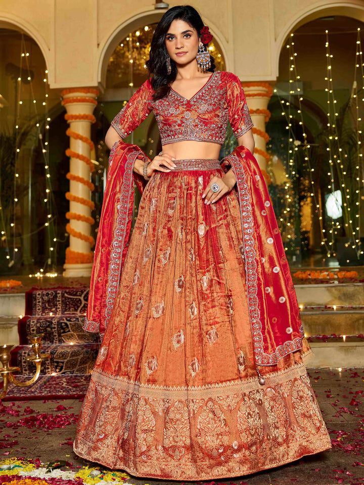 Marvelous Orange Zari Weaving Tissue Bridesmaid Lehenga Choli With Dupatta