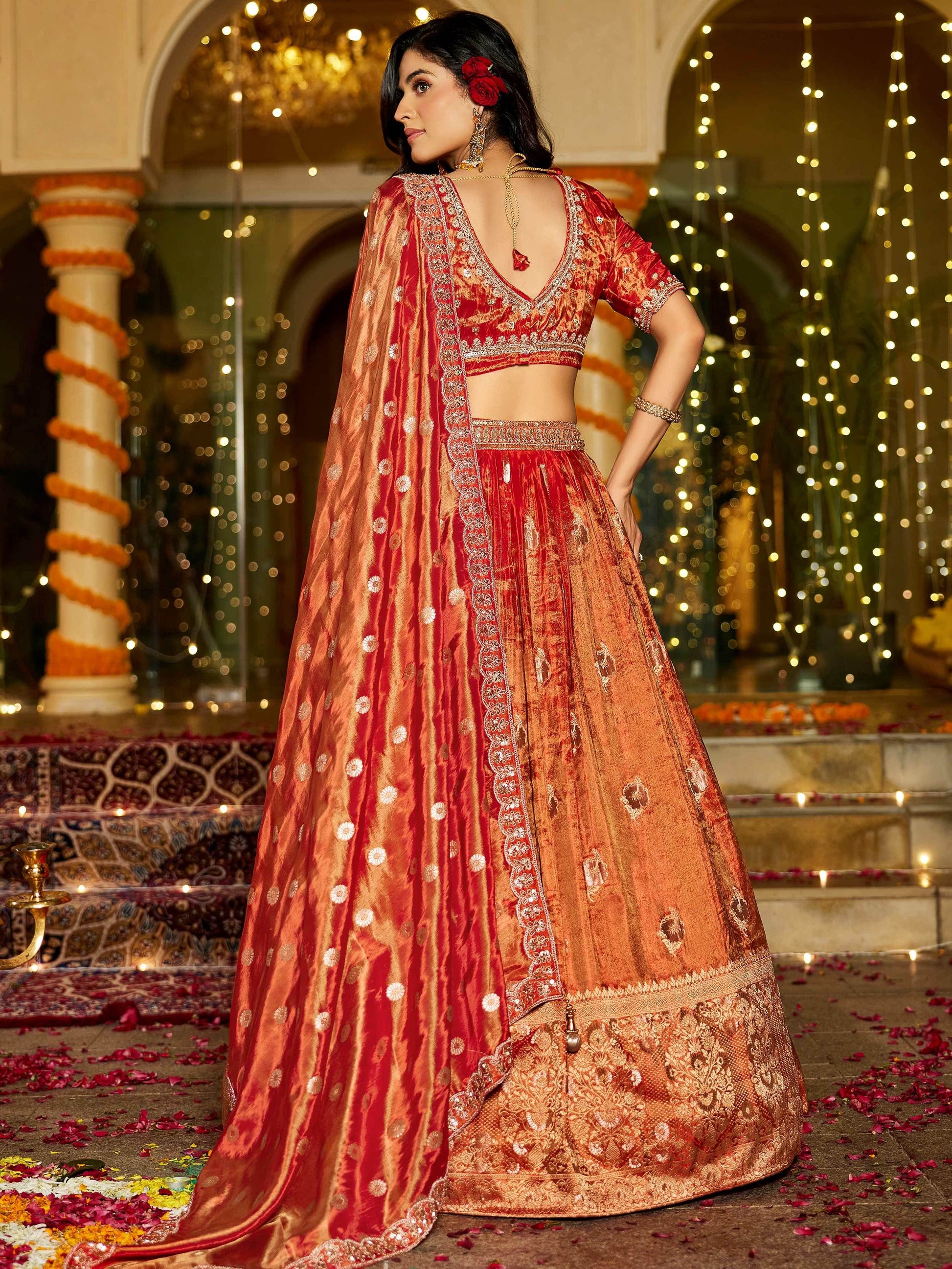 Marvelous Orange Zari Weaving Tissue Bridesmaid Lehenga Choli With Dupatta