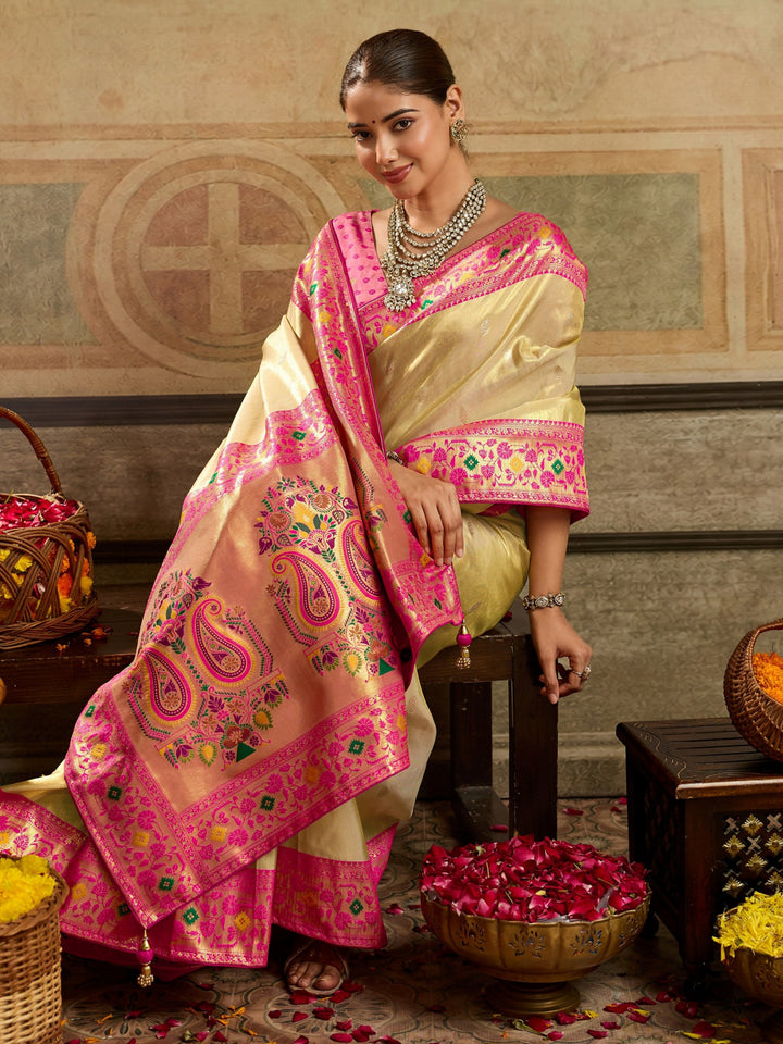 Glowing Golden Zari Woven Tissue Silk Festive Wear Saree
