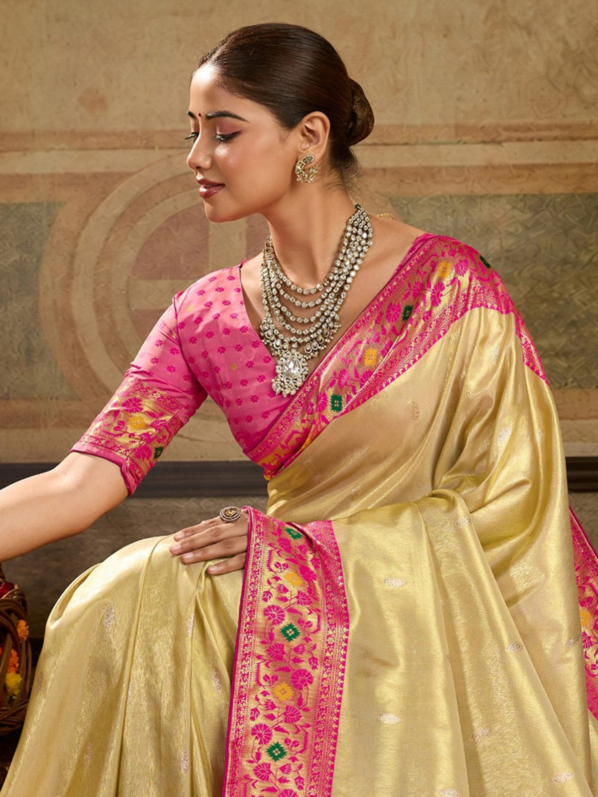 Glowing Golden Zari Woven Tissue Silk Festive Wear Saree