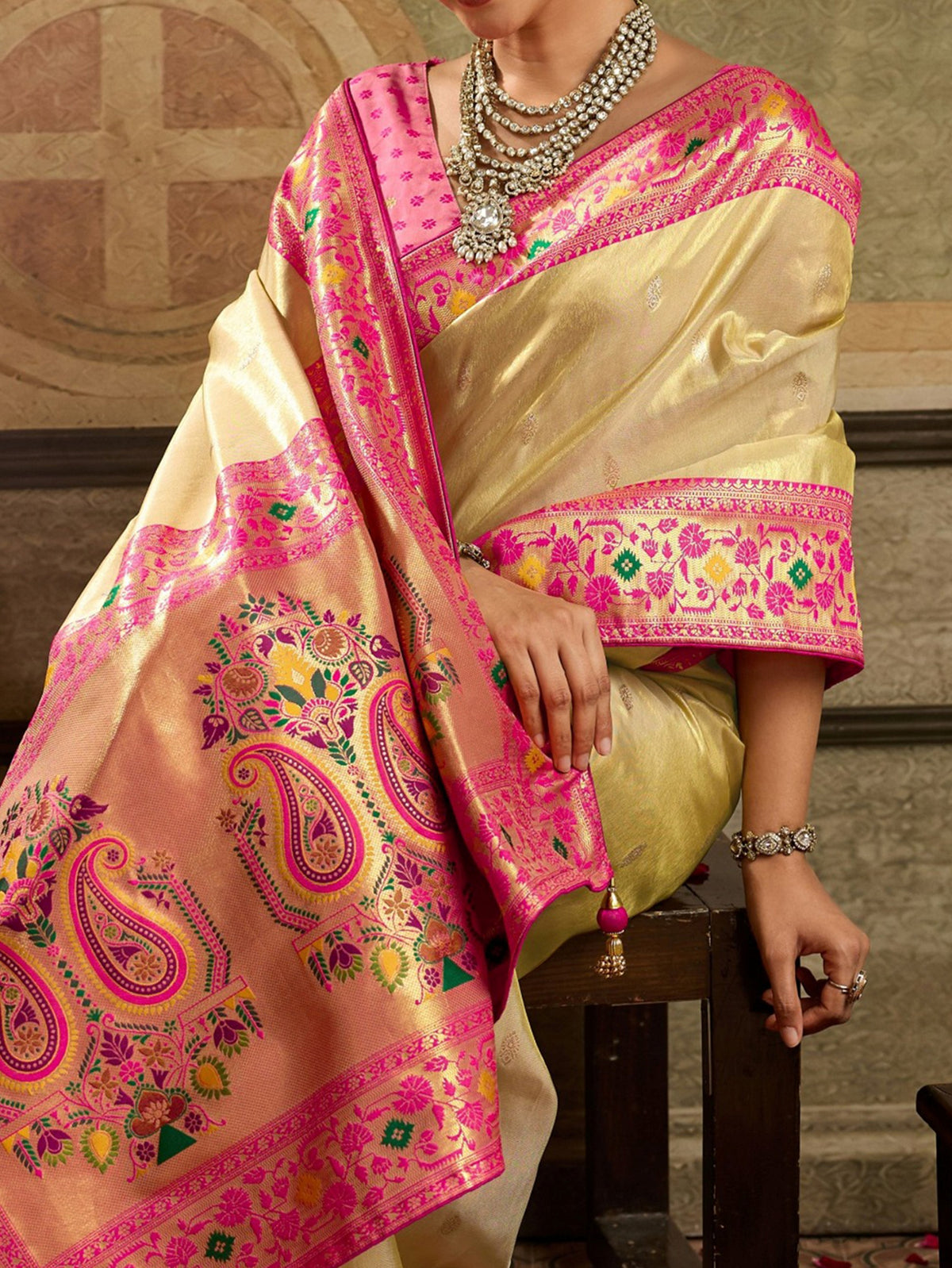 Glowing Golden Zari Woven Tissue Silk Festive Wear Saree