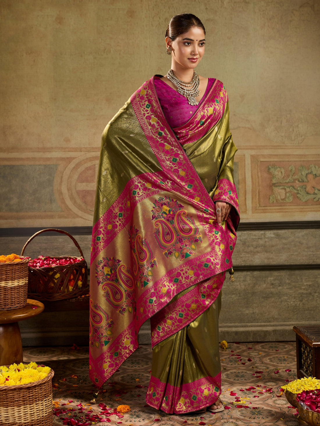 Grand Olive Green Zari Woven Tissue Silk Festive Wear Saree