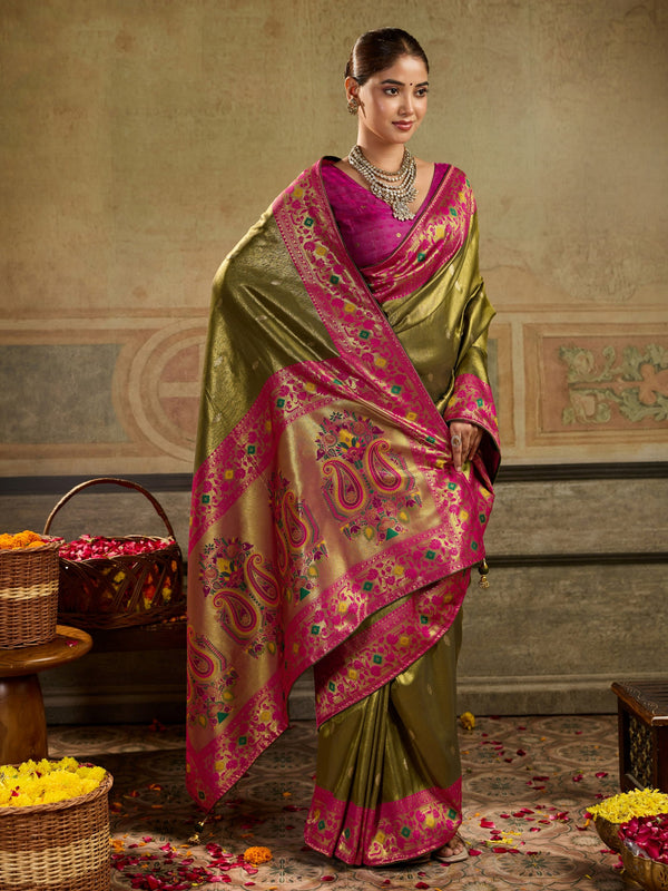Grand Olive Green Zari Woven Tissue Silk Festive Wear Saree