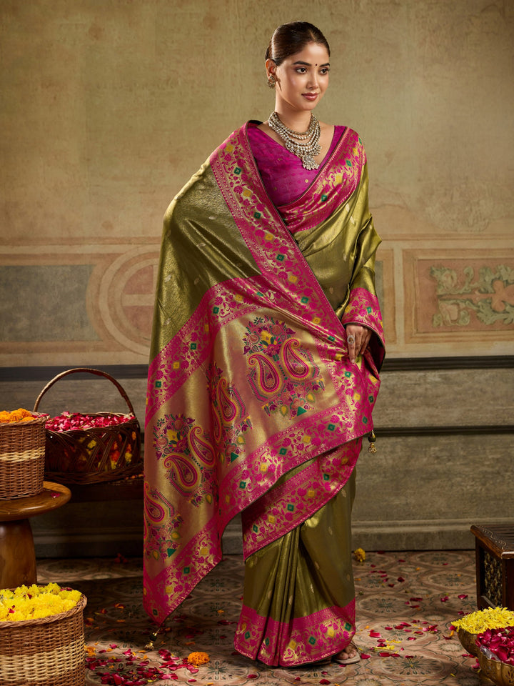 Grand Olive Green Zari Woven Tissue Silk Festive Wear Saree