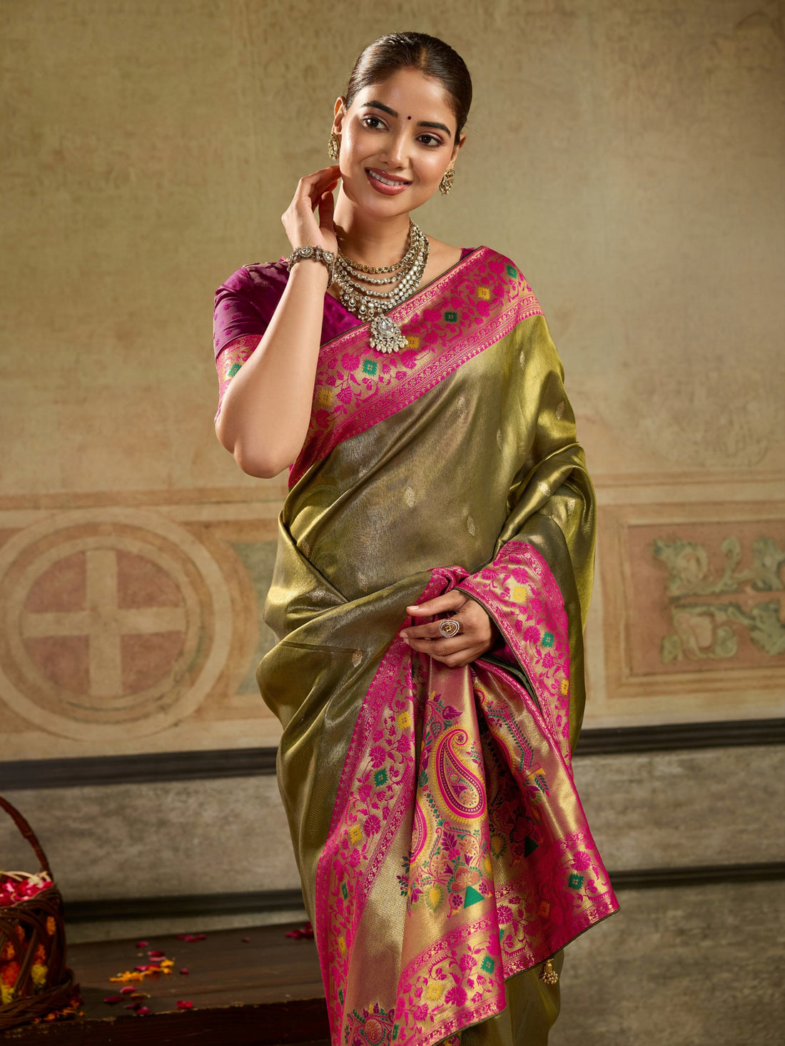 Grand Olive Green Zari Woven Tissue Silk Festive Wear Saree