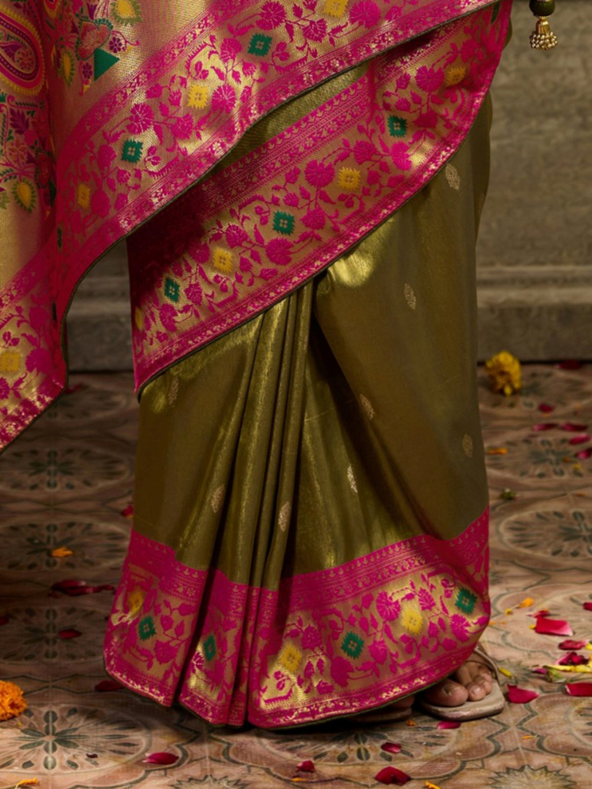 Grand Olive Green Zari Woven Tissue Silk Festive Wear Saree