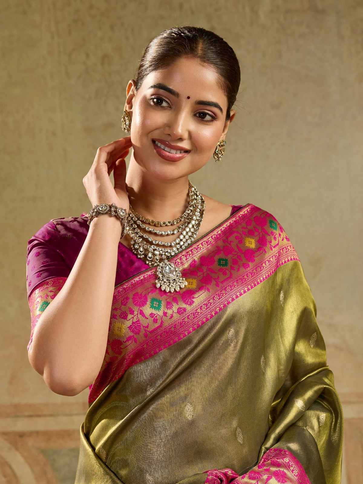 Grand Olive Green Zari Woven Tissue Silk Festive Wear Saree