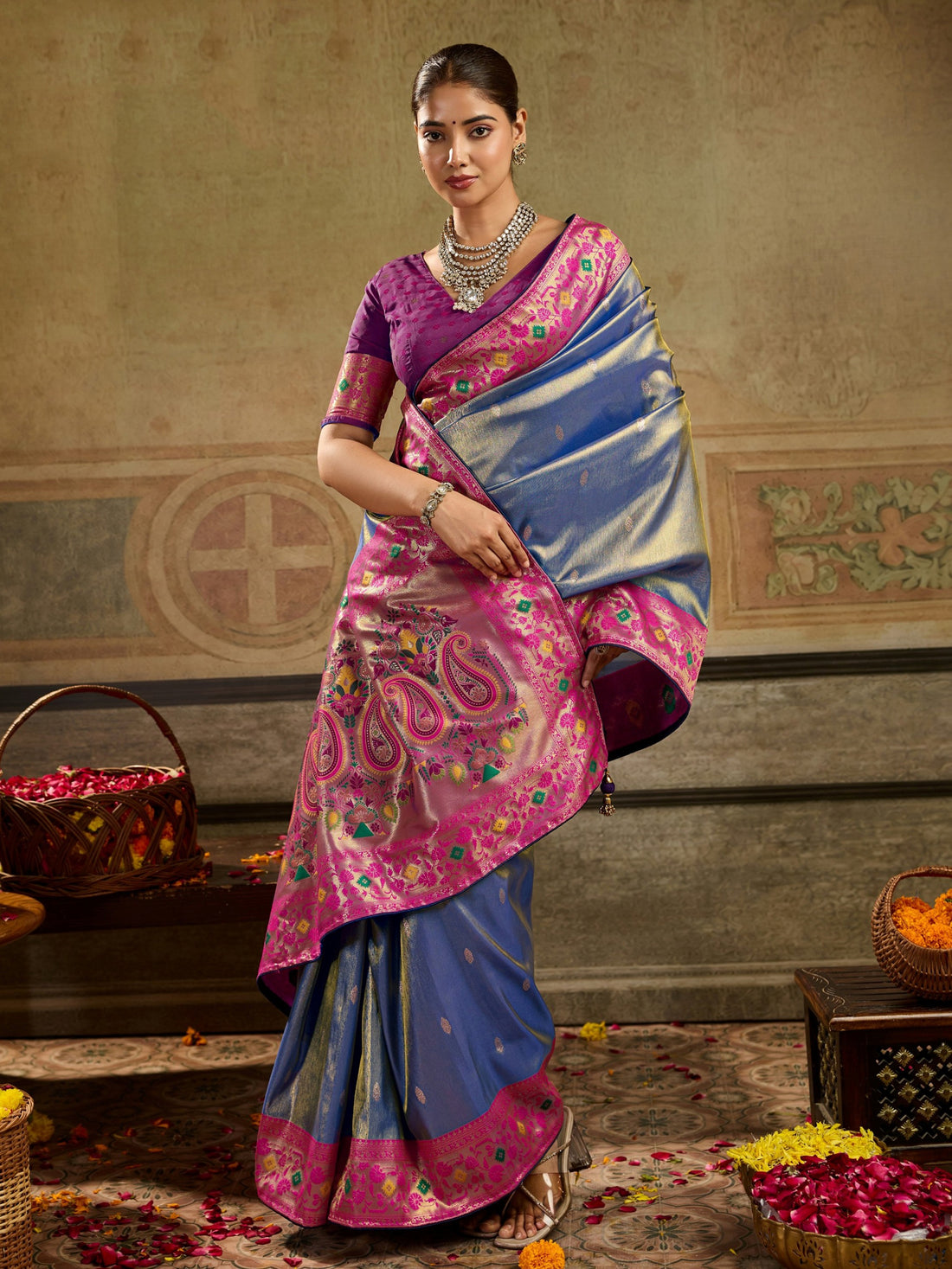 Impressive Blue Zari Woven Tissue Silk Festive Wear Saree