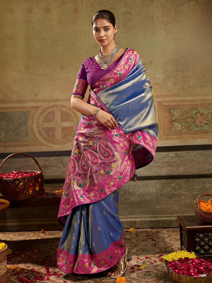 Impressive Blue Zari Woven Tissue Silk Festive Wear Saree
