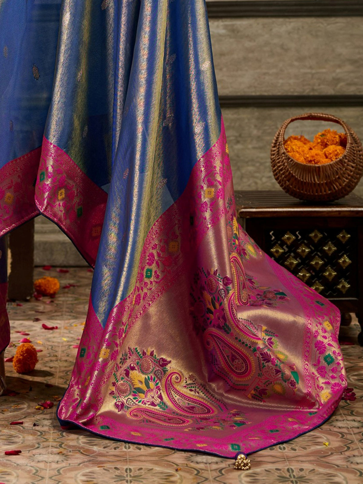 Impressive Blue Zari Woven Tissue Silk Festive Wear Saree