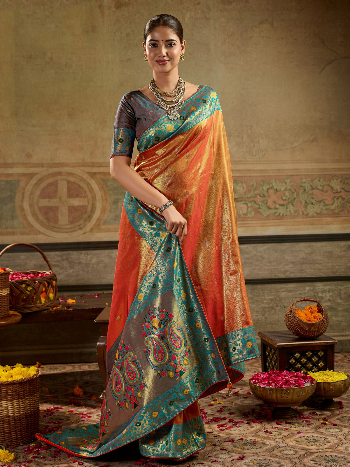 Fascinating Orange Zari Woven Tissue Silk Wedding Wear Saree