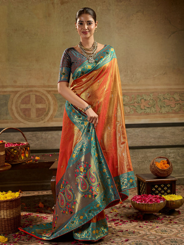 Fascinating Orange Zari Woven Tissue Silk Wedding Wear Saree