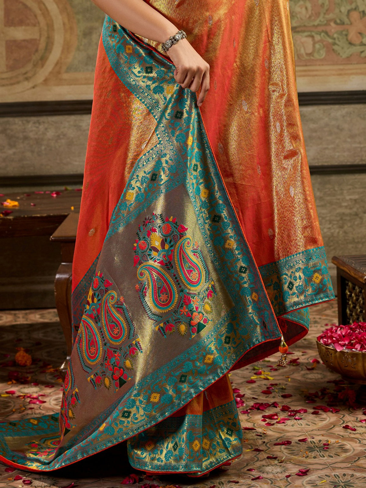 Fascinating Orange Zari Woven Tissue Silk Wedding Wear Saree