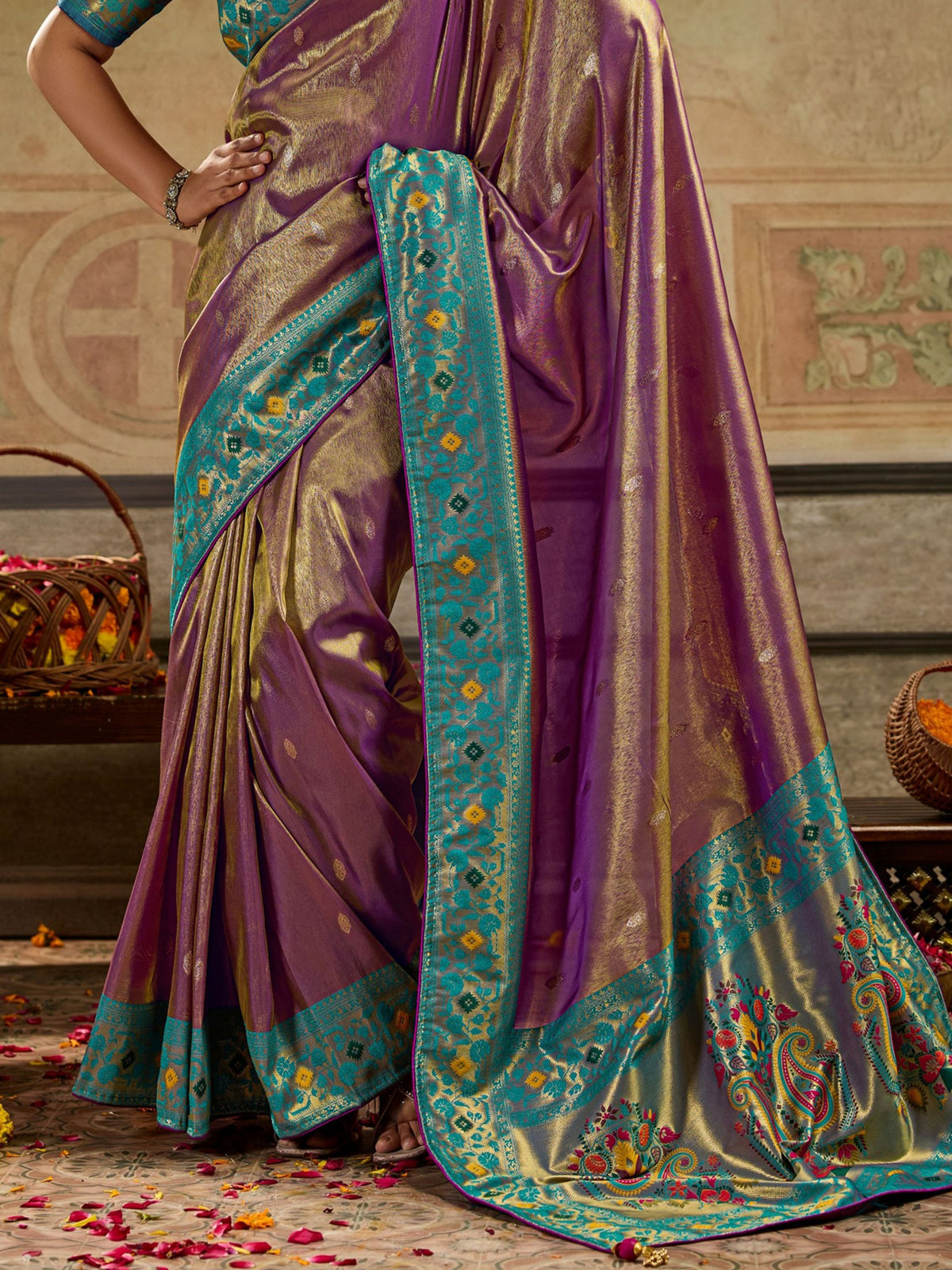 Marvelous Mauve Zari Woven Tissue Silk Function Wear Saree
