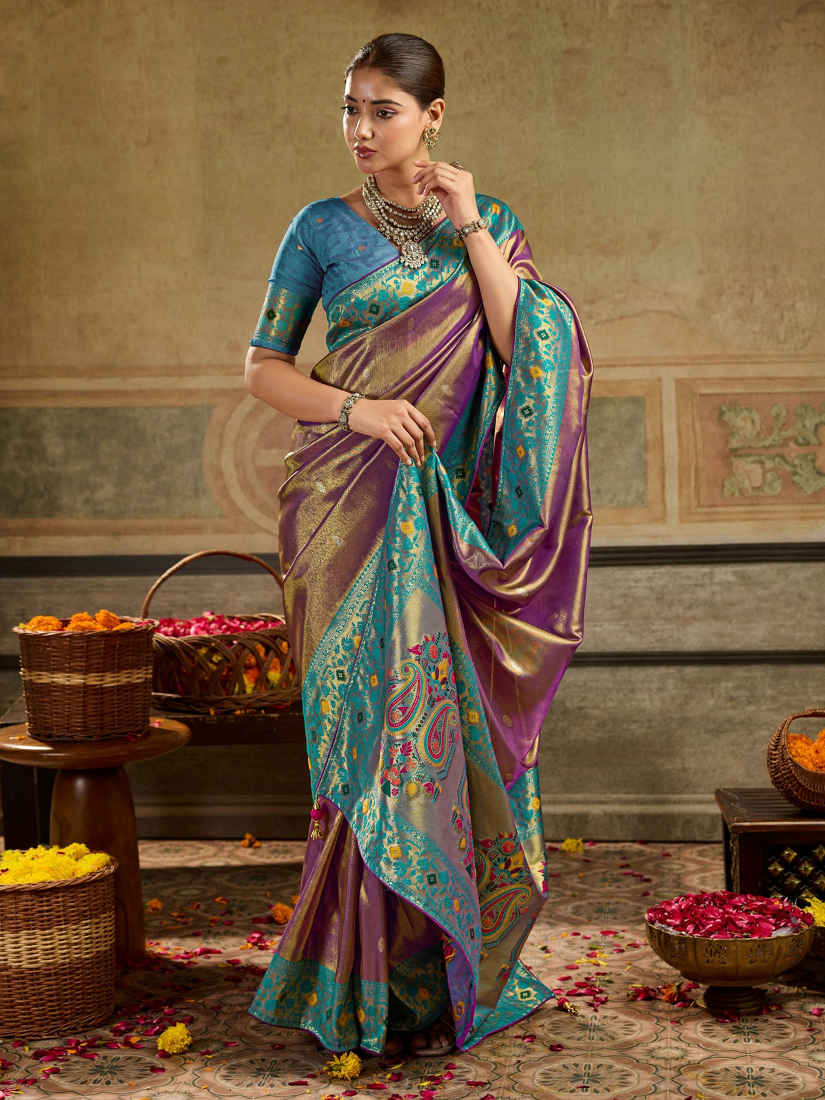 Marvelous Mauve Zari Woven Tissue Silk Function Wear Saree