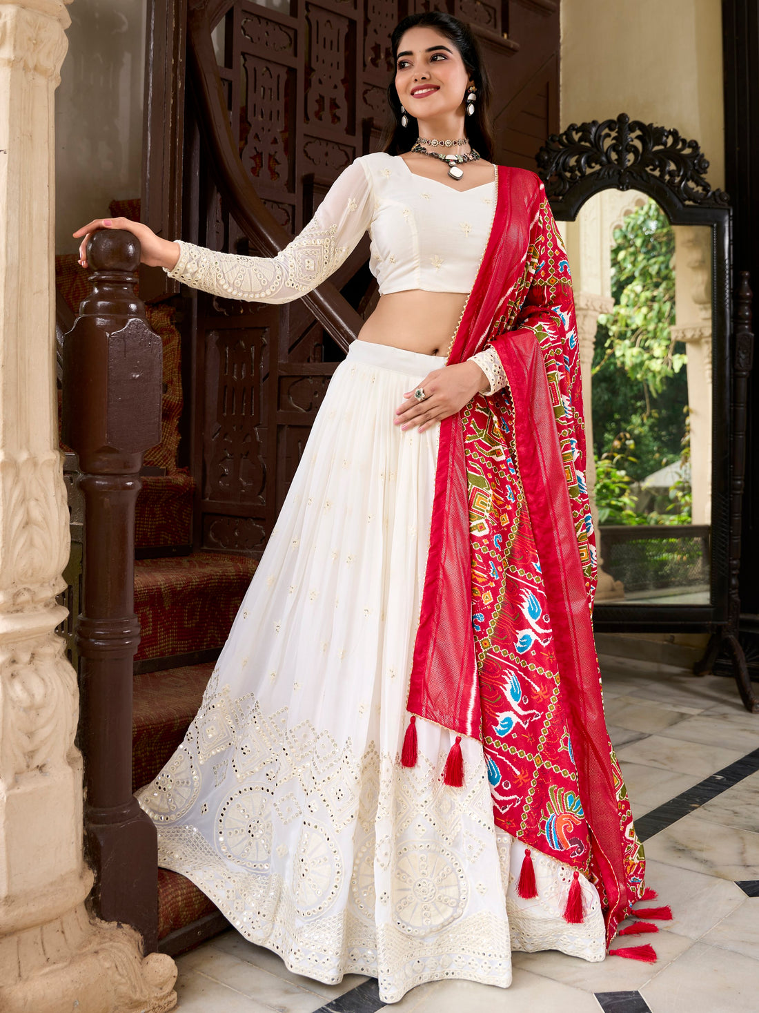 Adorable Off-White Lucknowi Work Georgette Traditional Lehenga Choli