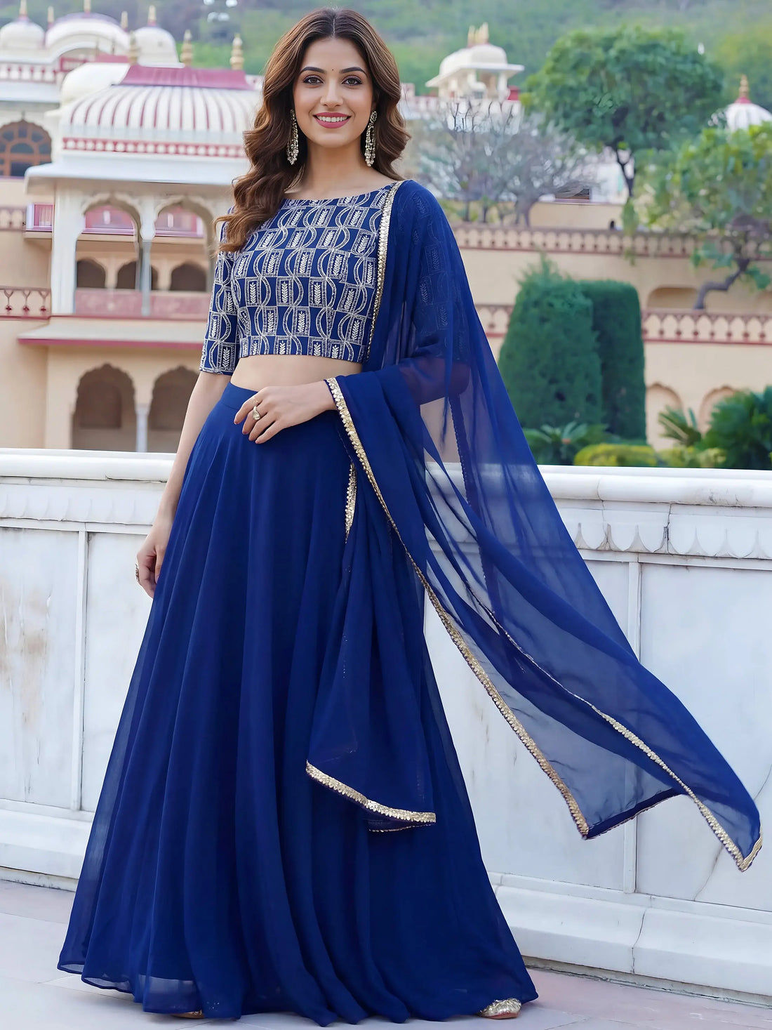Alluring Blue Sequins Embroidered Georgette Lehenga Choli With Dupatta