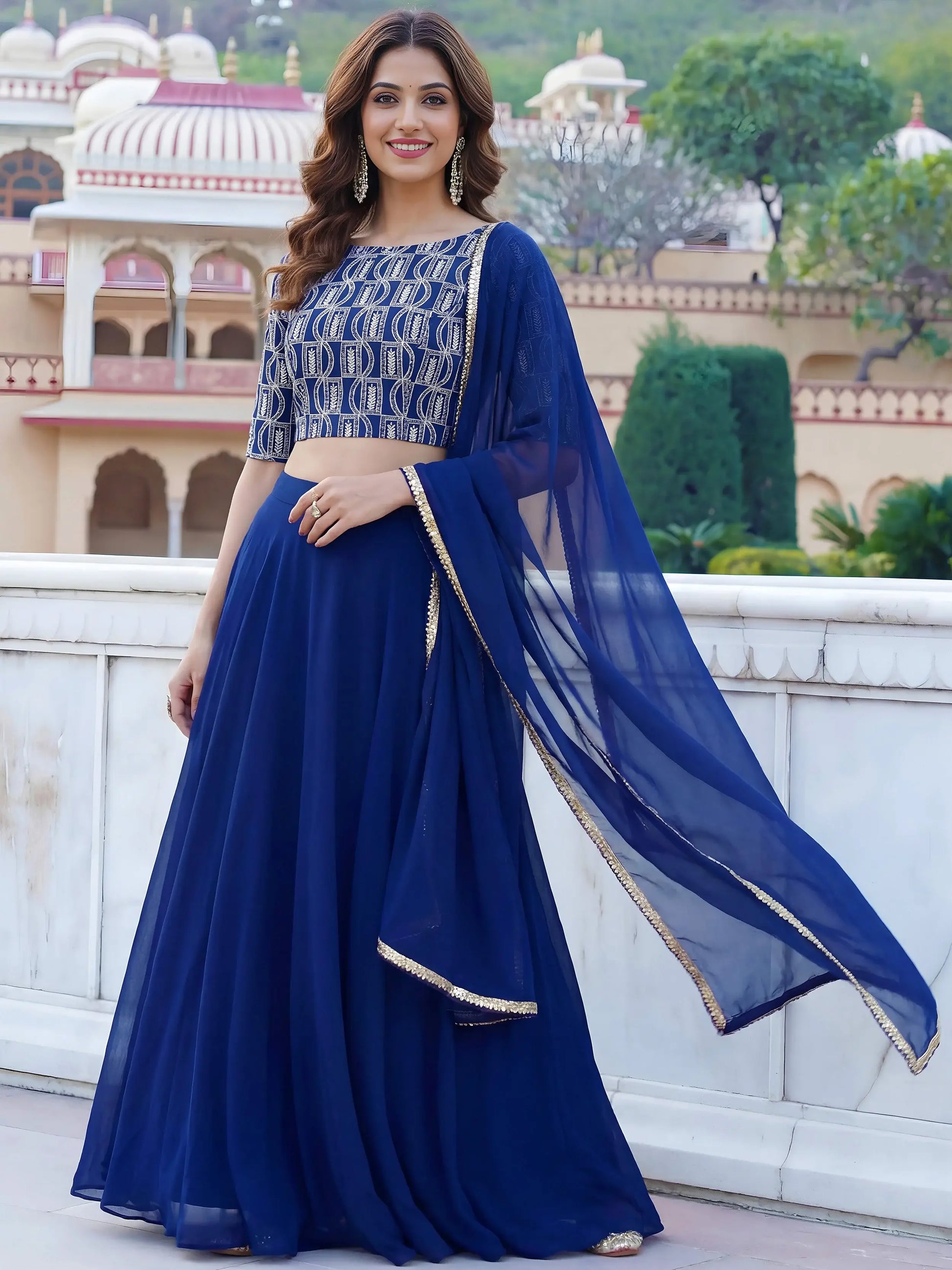 Alluring Blue Sequins Embroidered Georgette Lehenga Choli With Dupatta