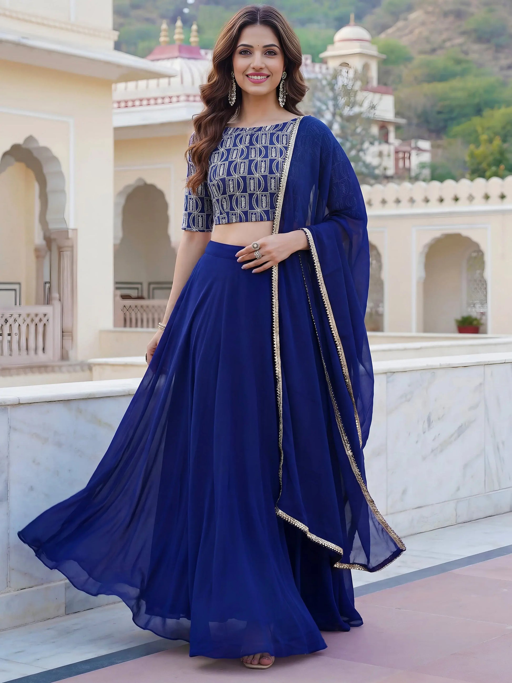 Alluring Blue Sequins Embroidered Georgette Lehenga Choli With Dupatta