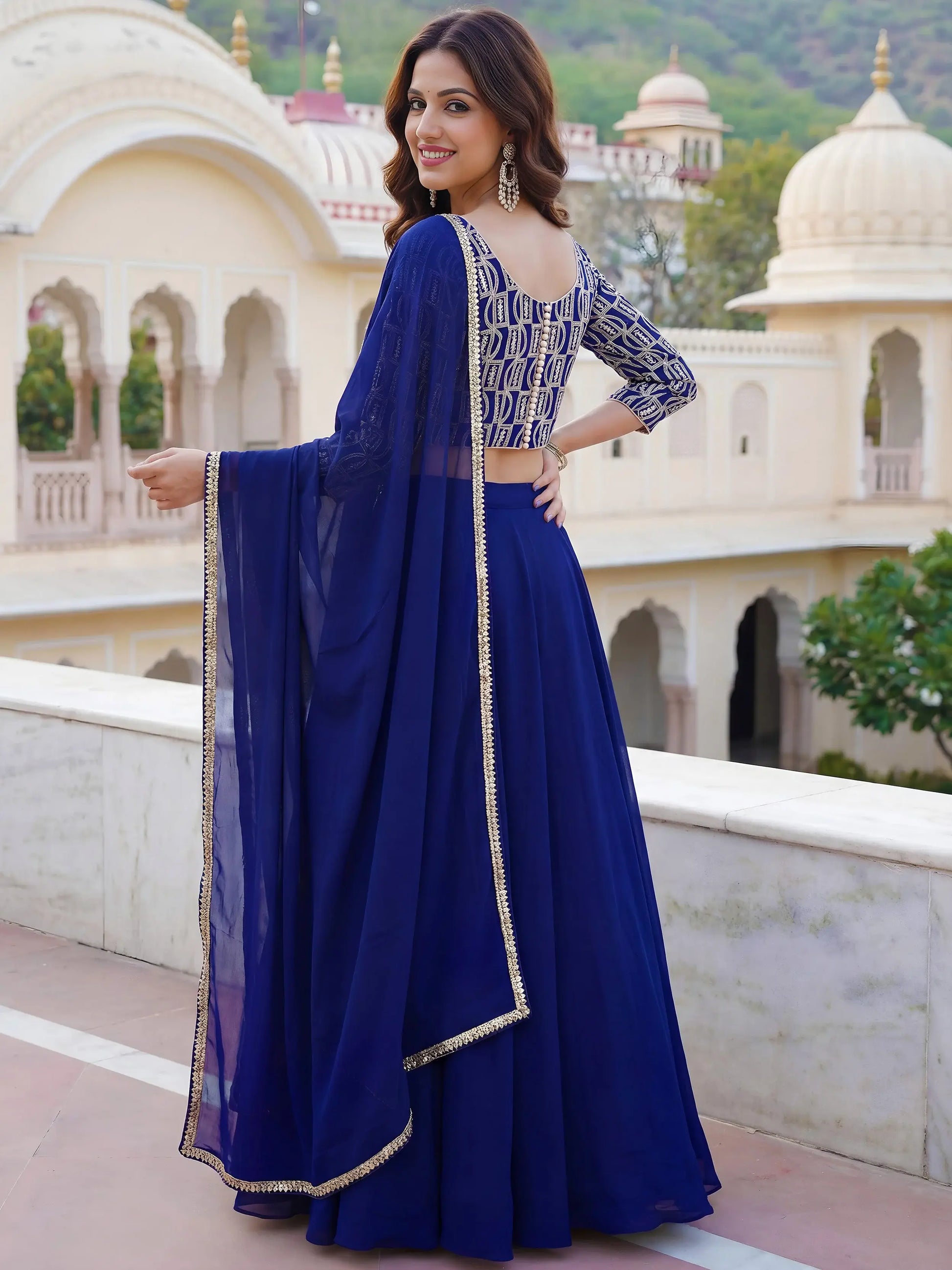 Alluring Blue Sequins Embroidered Georgette Lehenga Choli With Dupatta