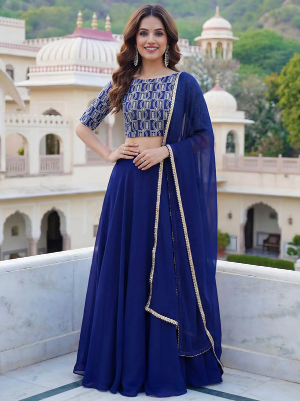 Alluring Blue Sequins Embroidered Georgette Lehenga Choli With Dupatta