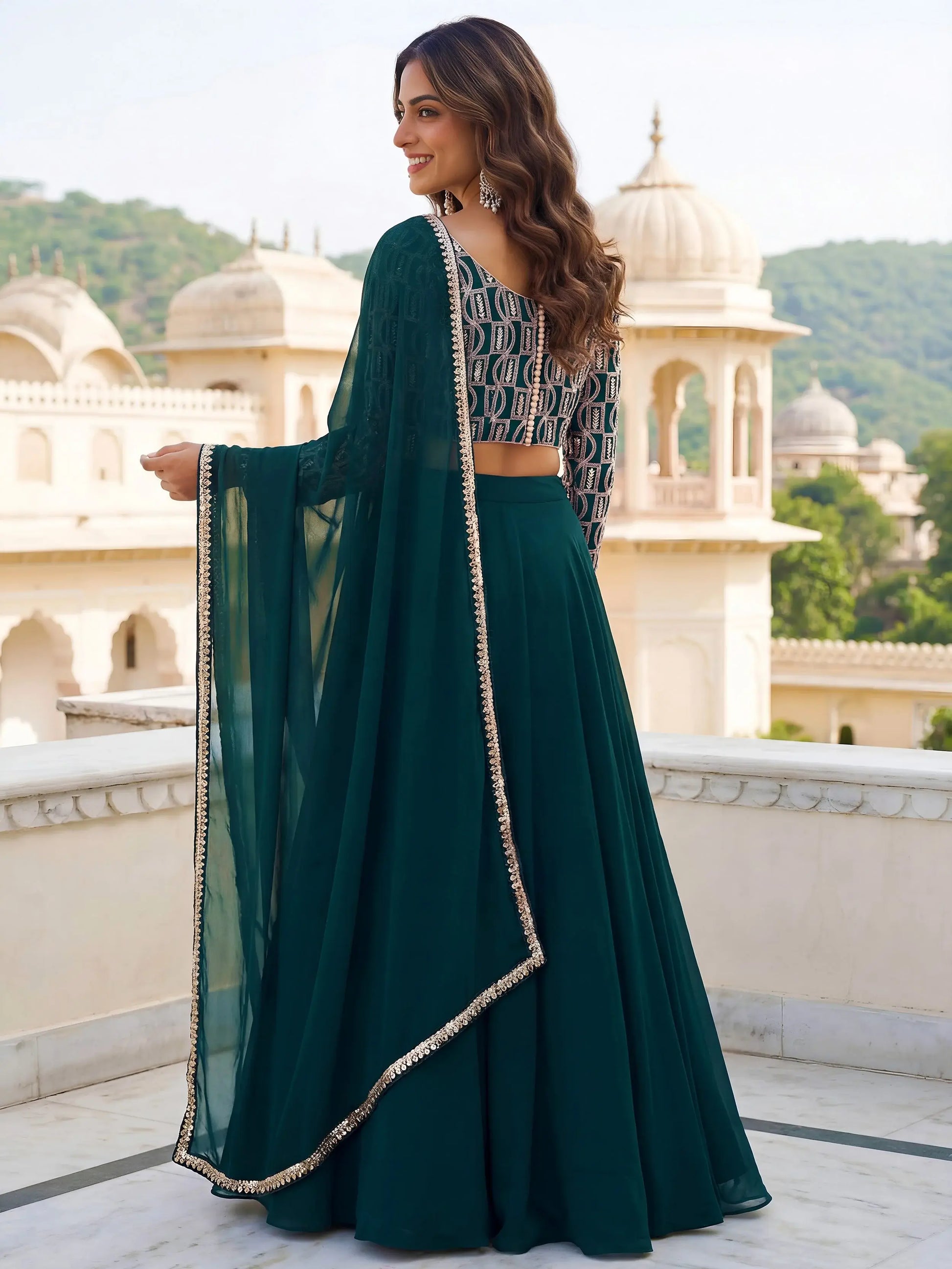 Graceful Green Sequins Georgette Festival Wear Lehenga With Dupatta