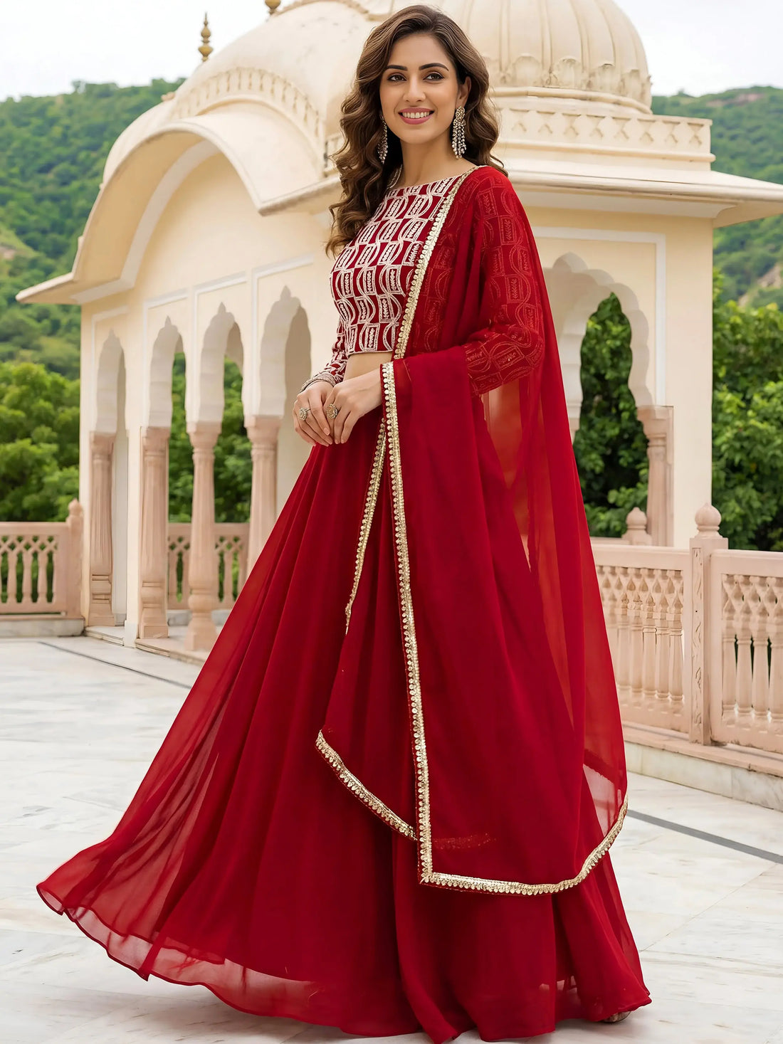 Stunning Red Sequins Georgette Party Wear Lehenga Choli With Dupatta