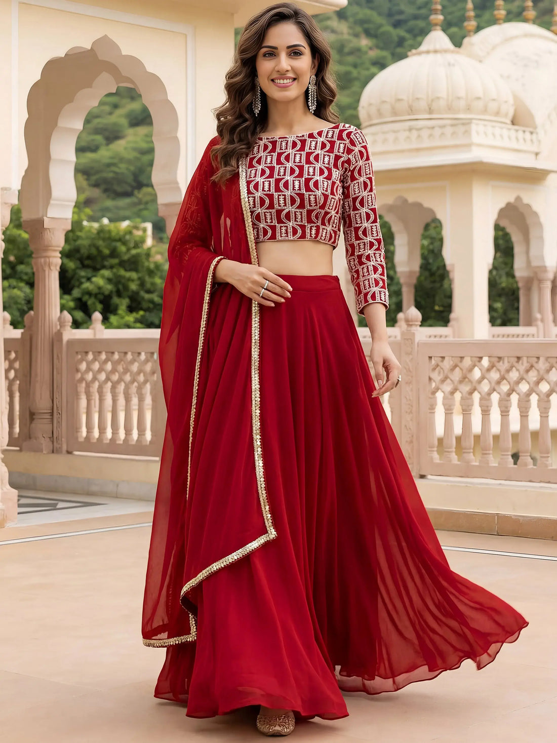 Stunning Red Sequins Georgette Party Wear Lehenga Choli With Dupatta