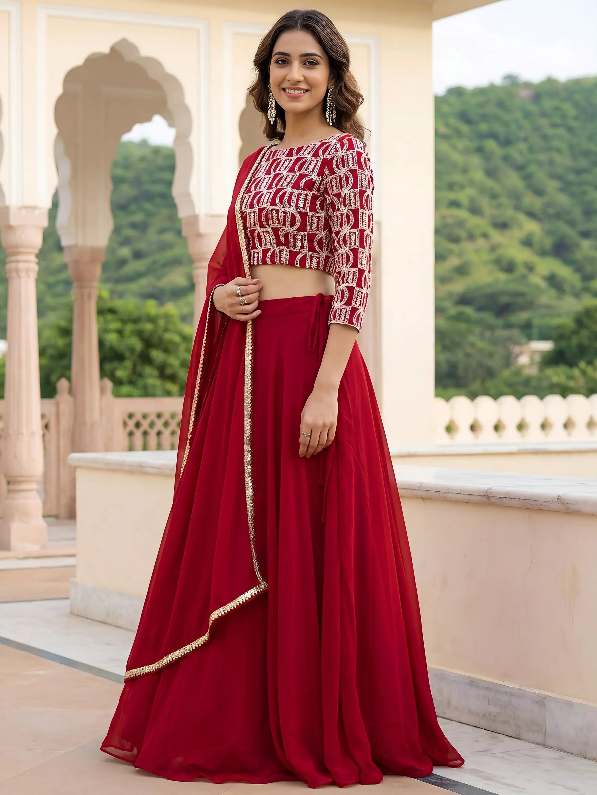 Stunning Red Sequins Georgette Party Wear Lehenga Choli With Dupatta