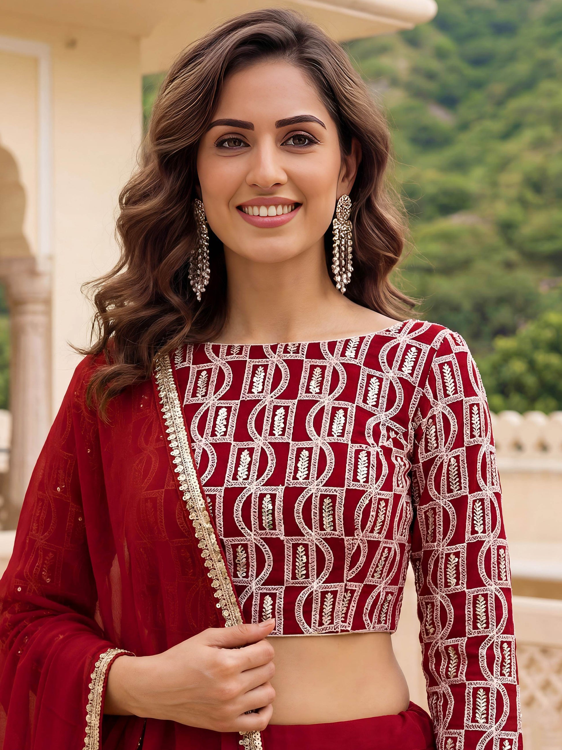 Stunning Red Sequins Georgette Party Wear Lehenga Choli With Dupatta