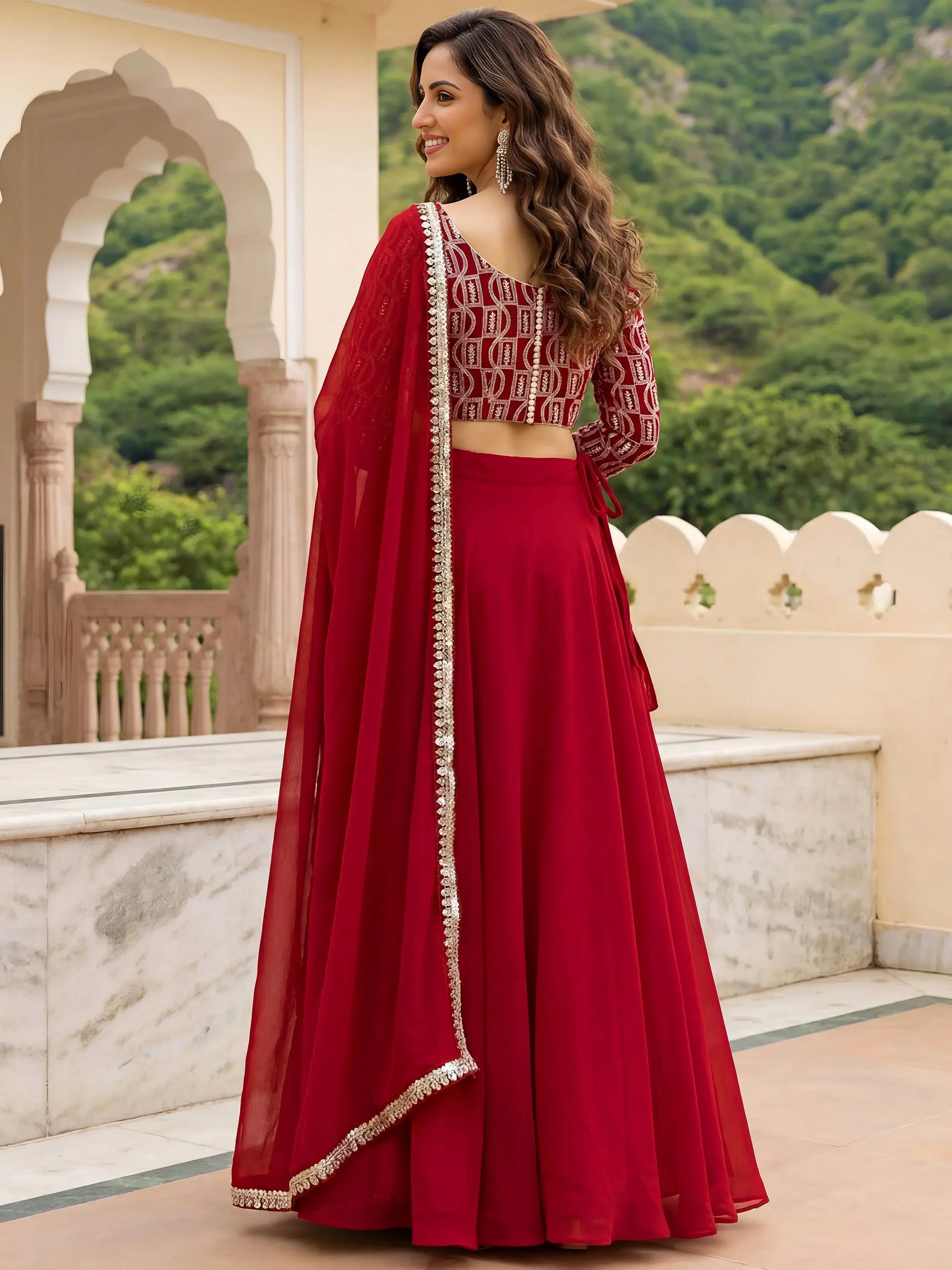 Stunning Red Sequins Georgette Party Wear Lehenga Choli With Dupatta
