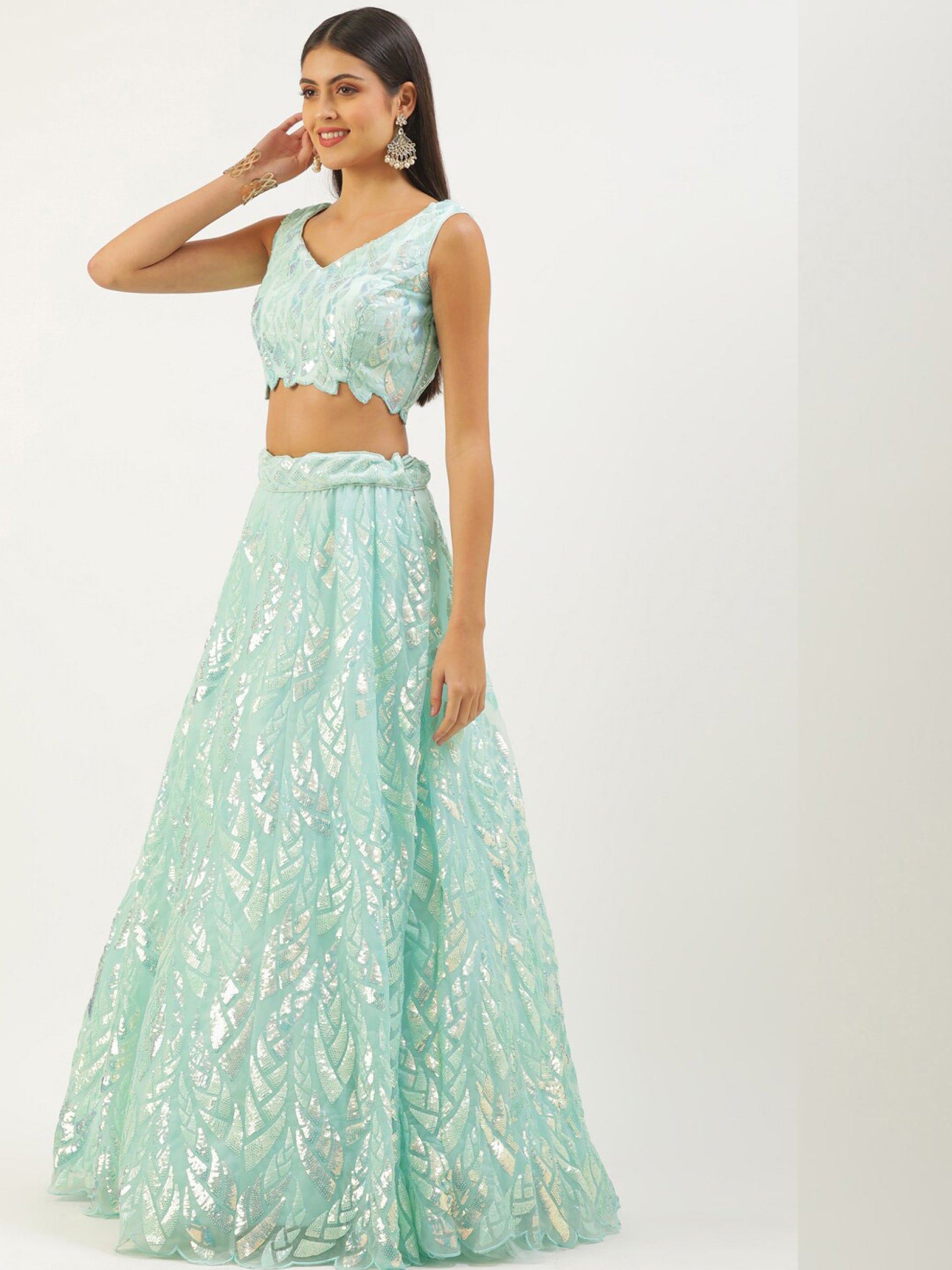 Attractive Sky Blue Sequins Net Designer Lehenga Choli With Dupatta