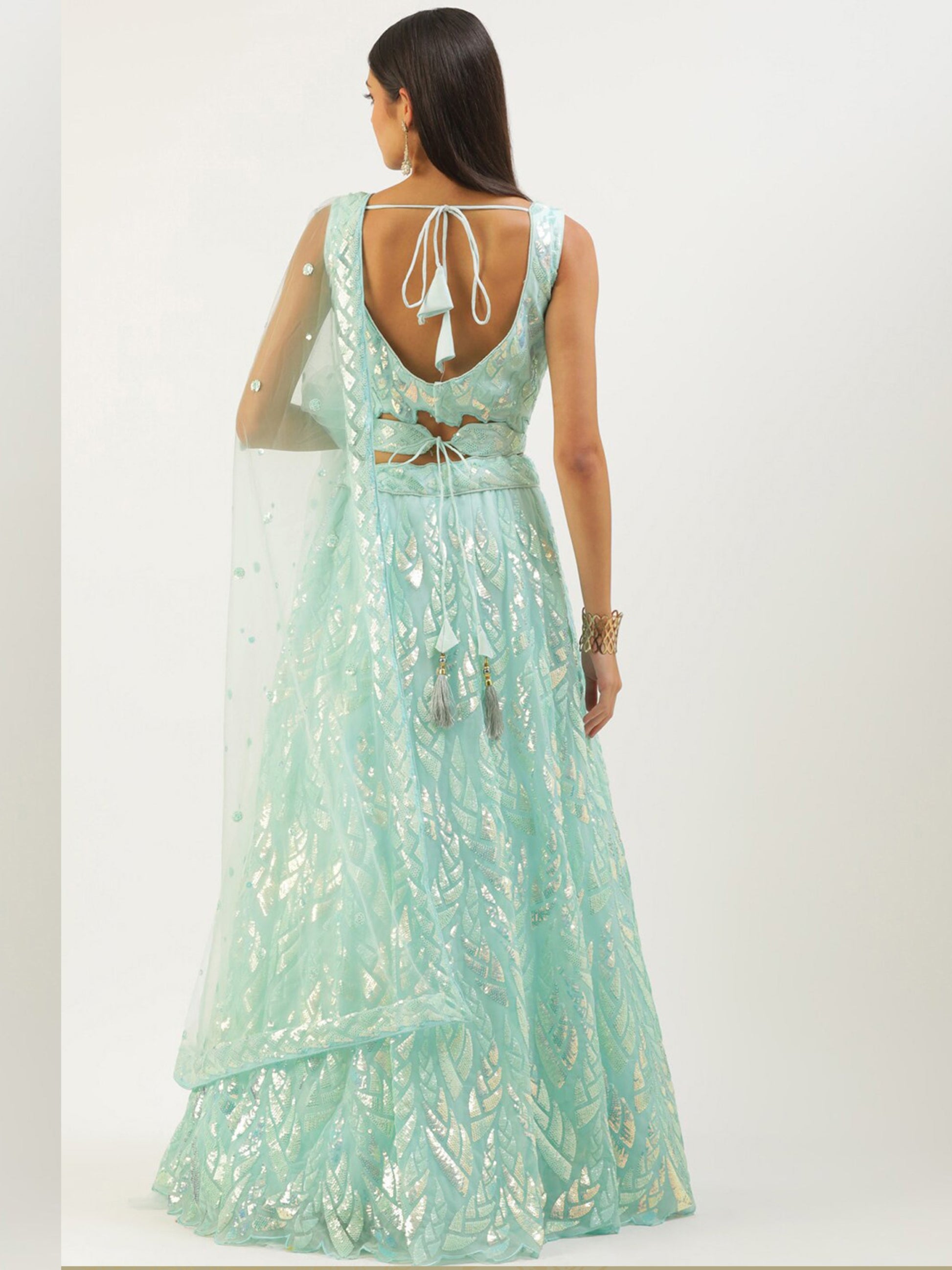 Attractive Sky Blue Sequins Net Designer Lehenga Choli With Dupatta